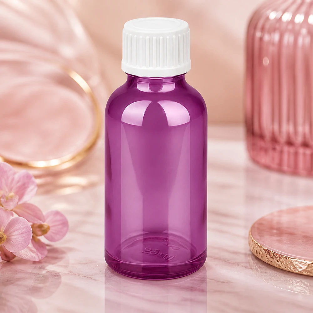 Frasco conta-gotas de 30 ml com tampa de rosca de 0,9 mm branca padrão PurpleLine. UT18/30 Frasco conta-gotas STD UT18/30 de 30 ml em roxo moderno para aplicações cosméticas modernas