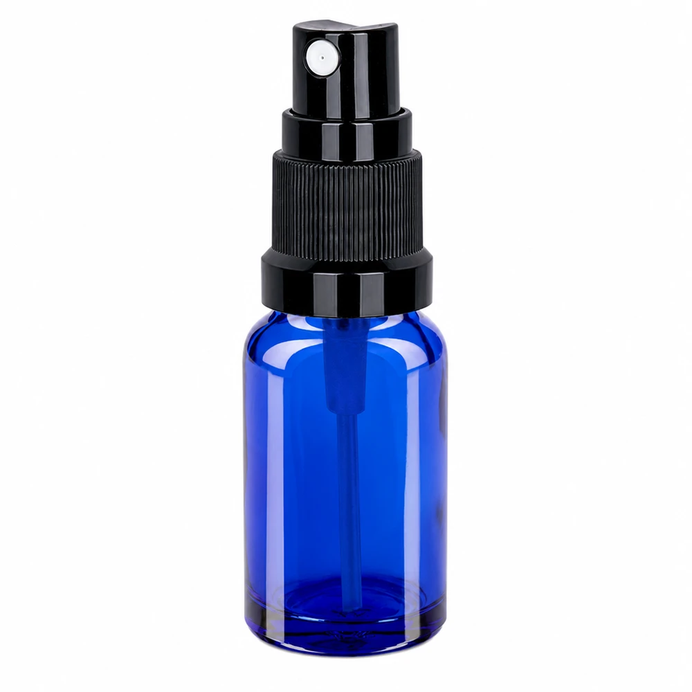 Frasco de spray de vidro azul de 10 ml com pulverizador de bomba STD BlueLine UT18/10 preto para uma dosagem precisa