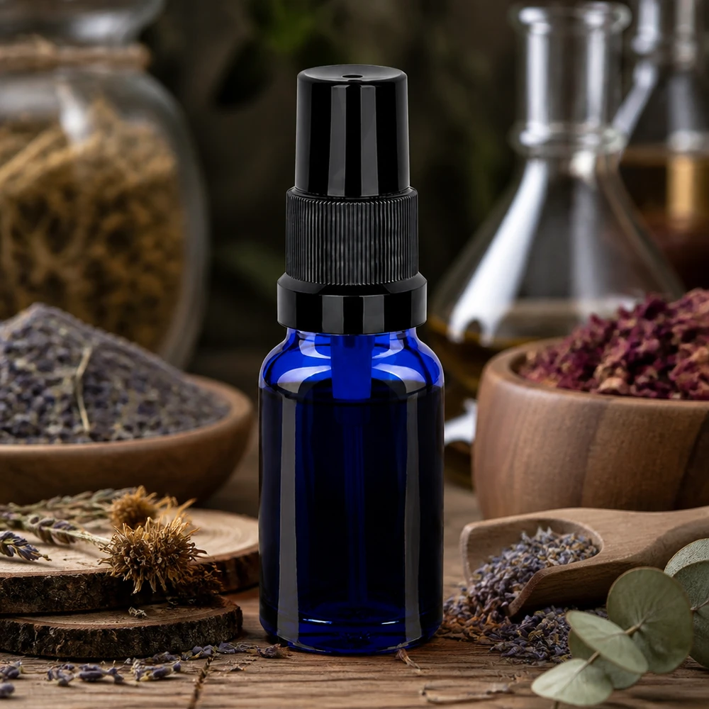 Frasco de vidro premium para pulverização de 10 ml STD BlueLine UT18/10 com atomizador preto de alta qualidade para profissionais