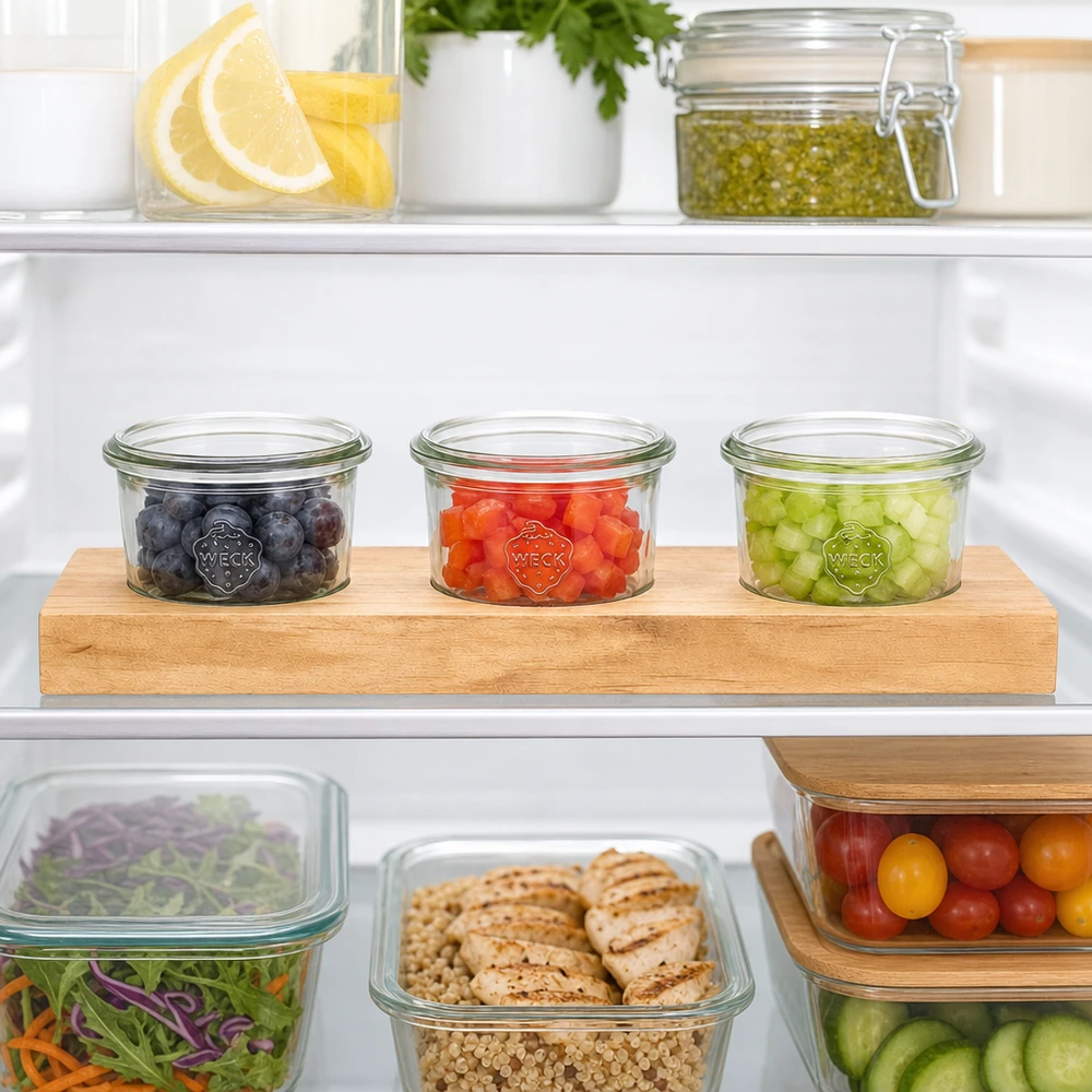 Tabuleiro de servir Plano3 com copos Weck de 80 ml no frigorífico para uma arrumação organizada de bagas e legumes