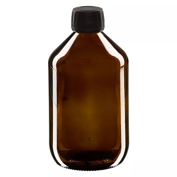 Frasco de medicamento de 500ml, castanho, tampa preta com anel inviolável ApoGlas Frasco de medicamento de 500ml, castanho, tampa preta com anel inviolável ApoGlas