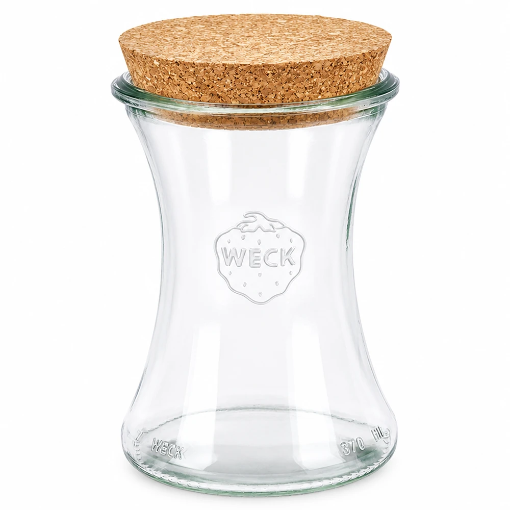 Frasco de charcutaria WECK 370ml RR80 com tampa de cortiça natural em vidro transparente para arrumação