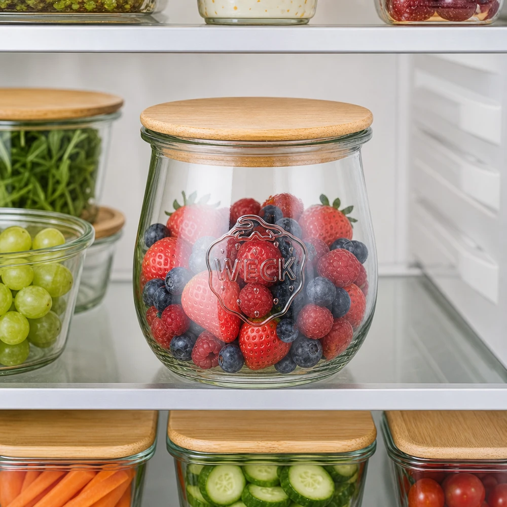Frasco de tulipas de 220 ml WECK RR60 com tampa de madeira WECK Tulpenglas 220ml mit Holzdeckel zur Aufbewahrung von Beeren im Kühlschrank - Frischhalteglas für Obst