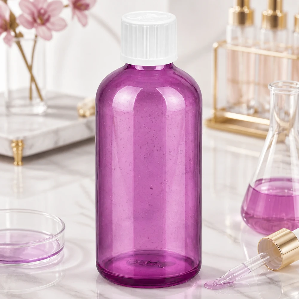 Frasco de cosméticos elegante de 100 ml em roxo com conta-gotas fino de 1,2 mm para soros e óleos