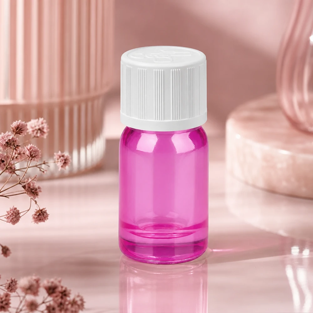 Frasco de 5 ml com tampa de rosca de 11 mm branca padrão resistente a crianças PurpleLine UT18/5 Pequeno frasco de aromaterapia de 5 ml em roxo brilhante com tampa à prova de crianças para uso diário