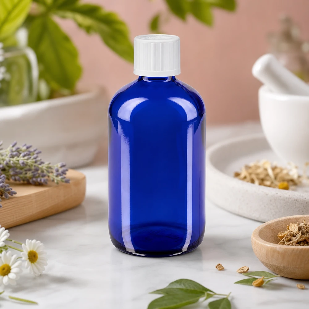 Frasco de farmácia azul de 100 ml com conta-gotas, rodeado por ervas, lavanda e flores de camomila