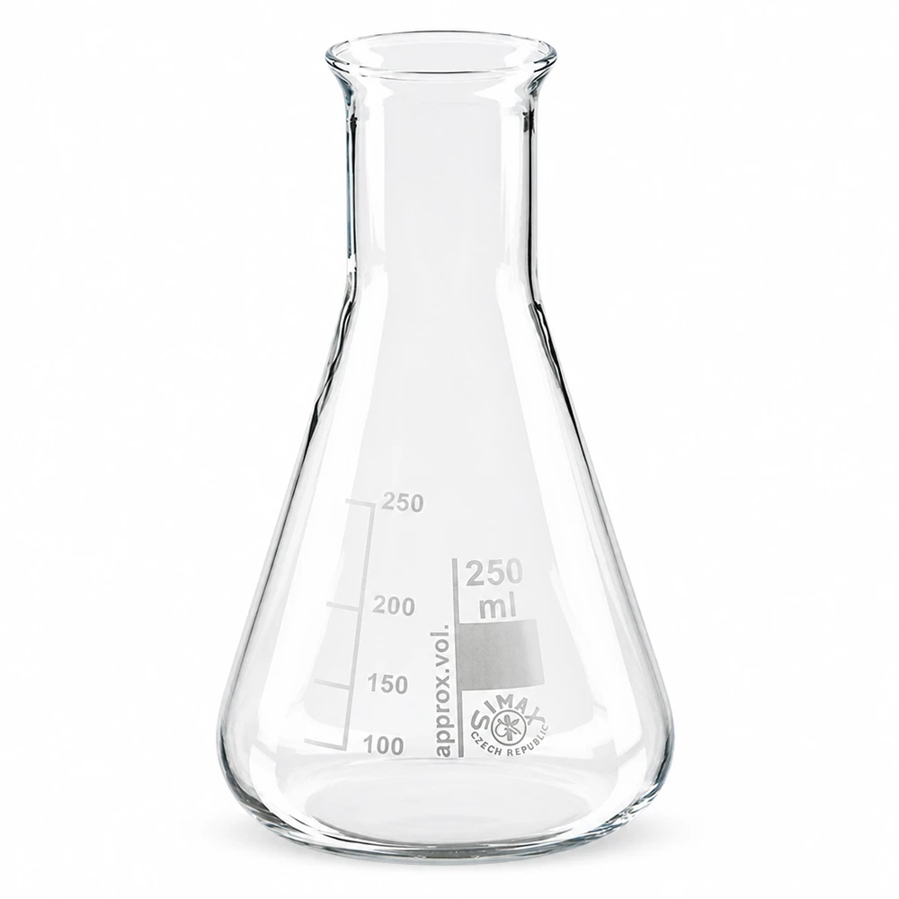 Erlenmeyer de 250 ml com gargalo estreito em vidro borossilicato transparente para experiências laboratoriais