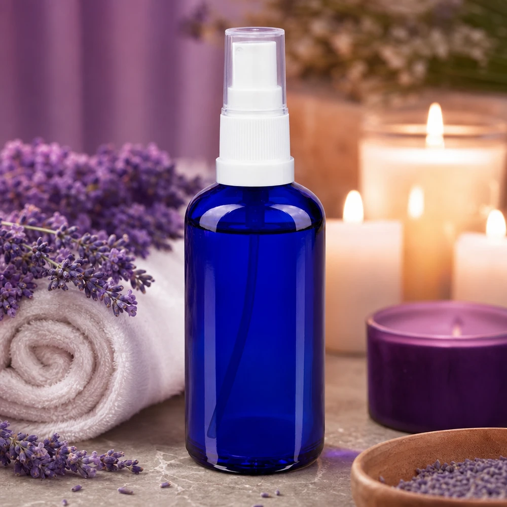 Frasco de vidro azul de farmácia com pulverizador de 50 ml, com lavanda e velas num ambiente de bem-estar