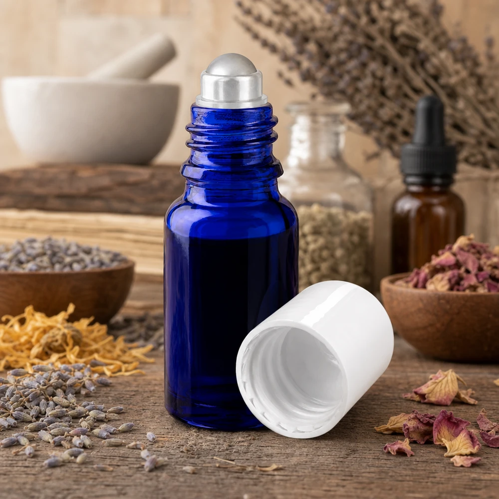 Frasco roll-on azul cobalto de 10 ml com esfera de aço inoxidável entre ervas e flores secas