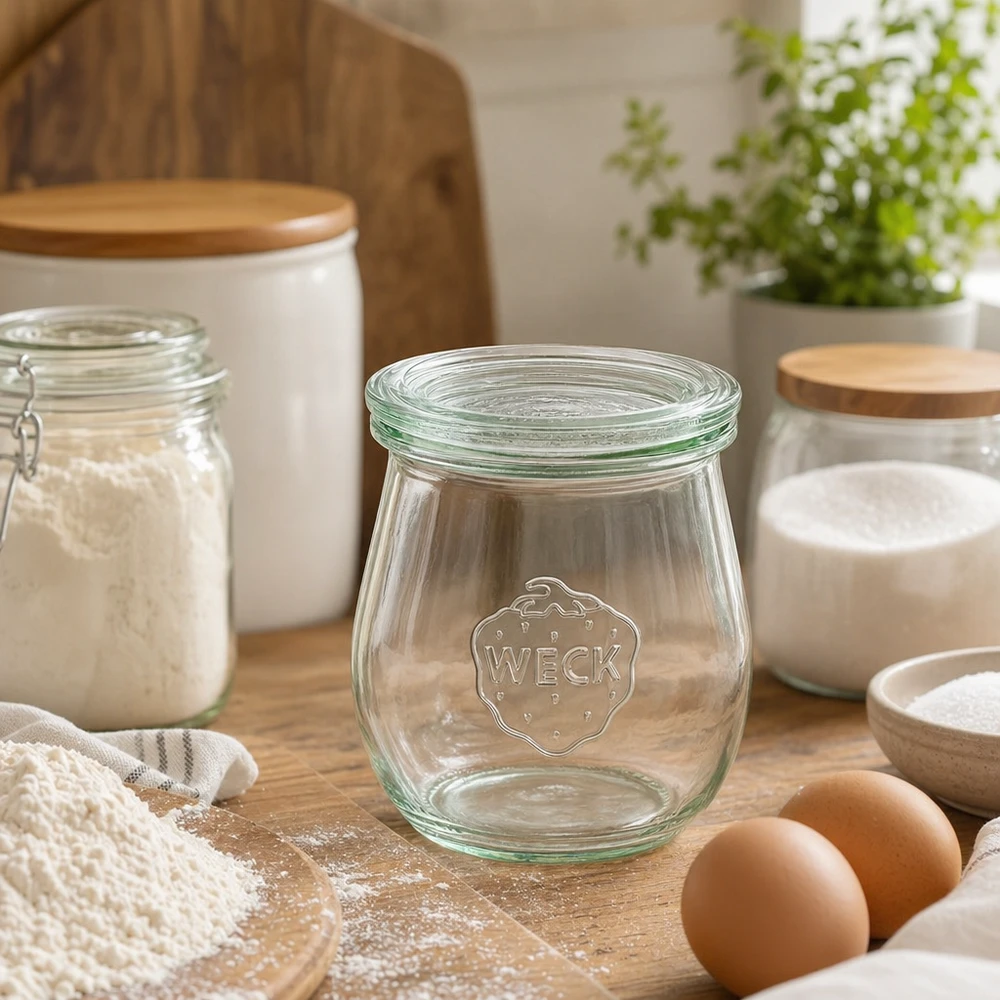 Frasco de tulipa WECK 220ml RR60 vazio na cozinha moderna com ingredientes de cozinha ovos farinha e equipamento de cozinha em madeira