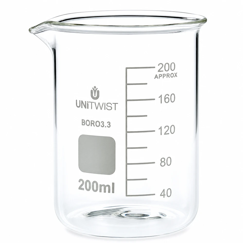 Copo de laboratório de 200 ml, de formato baixo, em borossilicato da UNiTWIST, com escala em mililitros