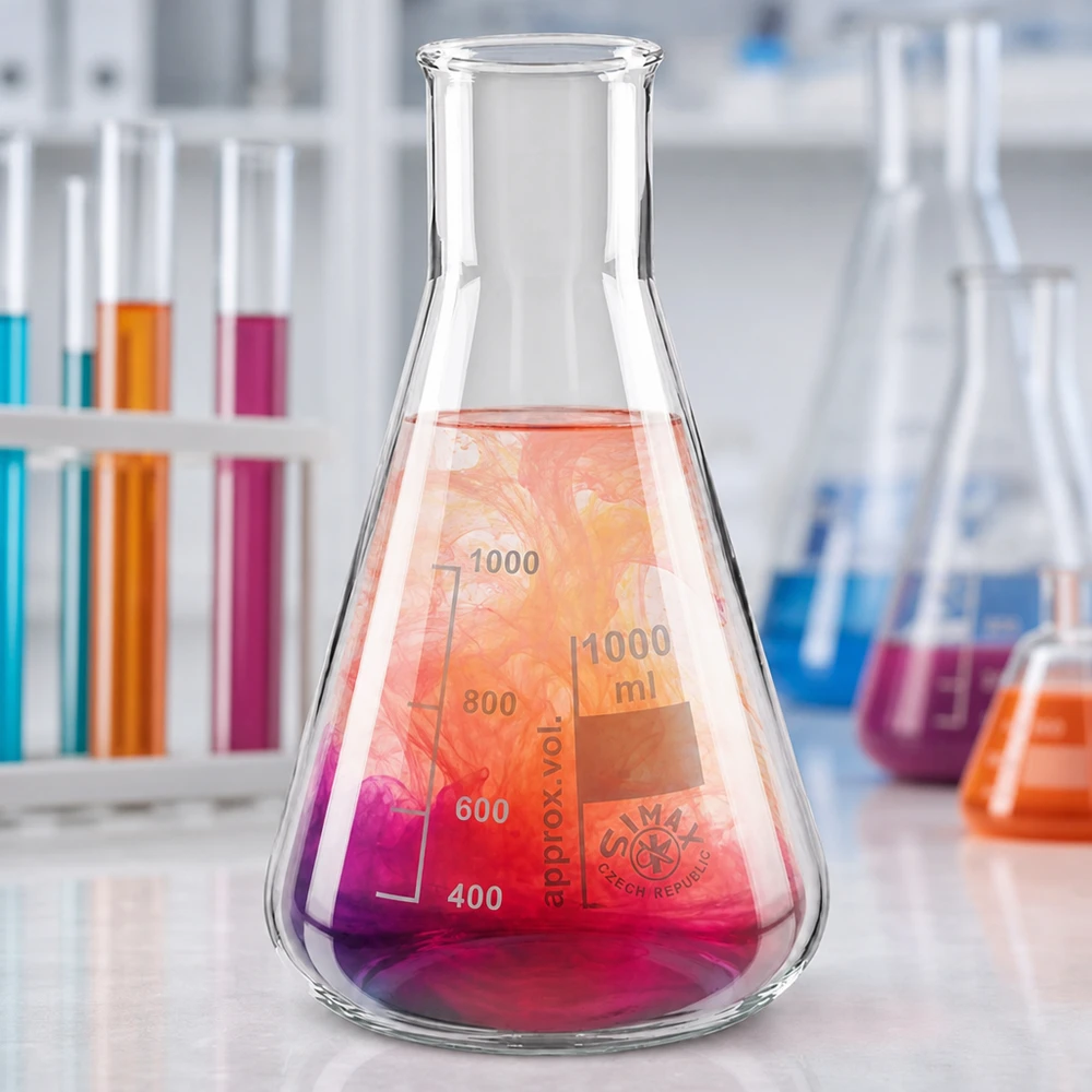 Frasco Erlenmeyer 100ml com gargalo largo Frasco Erlenmeyer de 100 ml de alta qualidade com gargalo largo e soluções coloridas para experiências químicas
