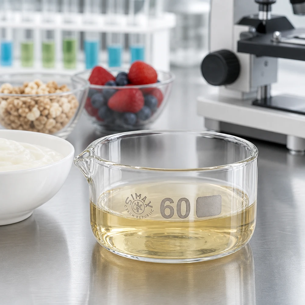 Prato de cristalização de 60ml com bico de borosilicato ø60mm Recipiente de cristalização de 60 ml para análise alimentar em laboratório: iogurte, frutos silvestres, muesli, óleo alimentar, vidro borossilicato