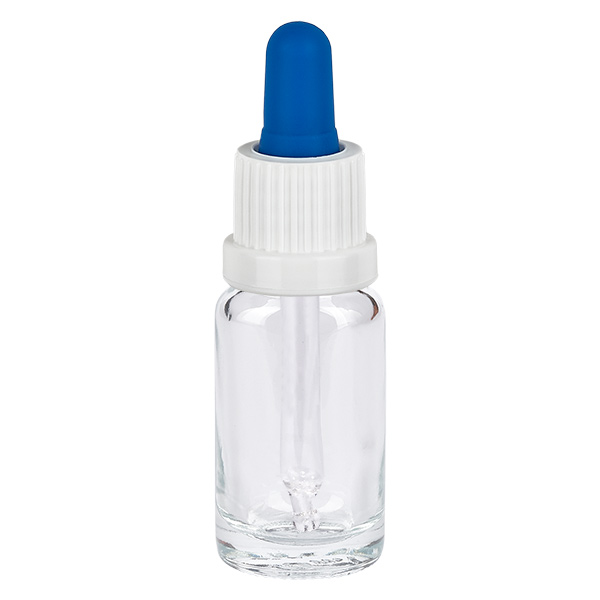 Frasco pipeta de 10ml branco/azul com fecho inviolável ClearLine UT18/10 Frasco com pipeta de 10 ml em vidro transparente, com tampa de rosca branca e bola de borracha azul