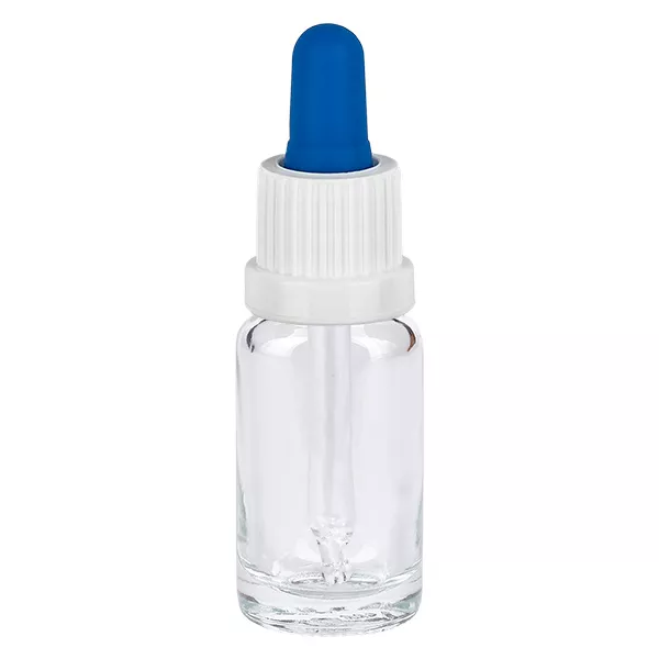 Frasco com pipeta de 10 ml em vidro transparente, com tampa de rosca branca e bola de borracha azul