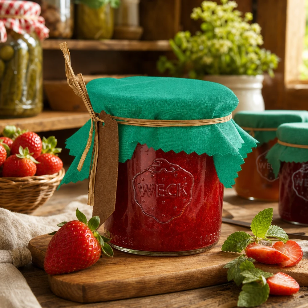 Pano decorativo verde de 12 cm quadrado num frasco de compota de morango com fio de ráfia e etiqueta numa cozinha rústica