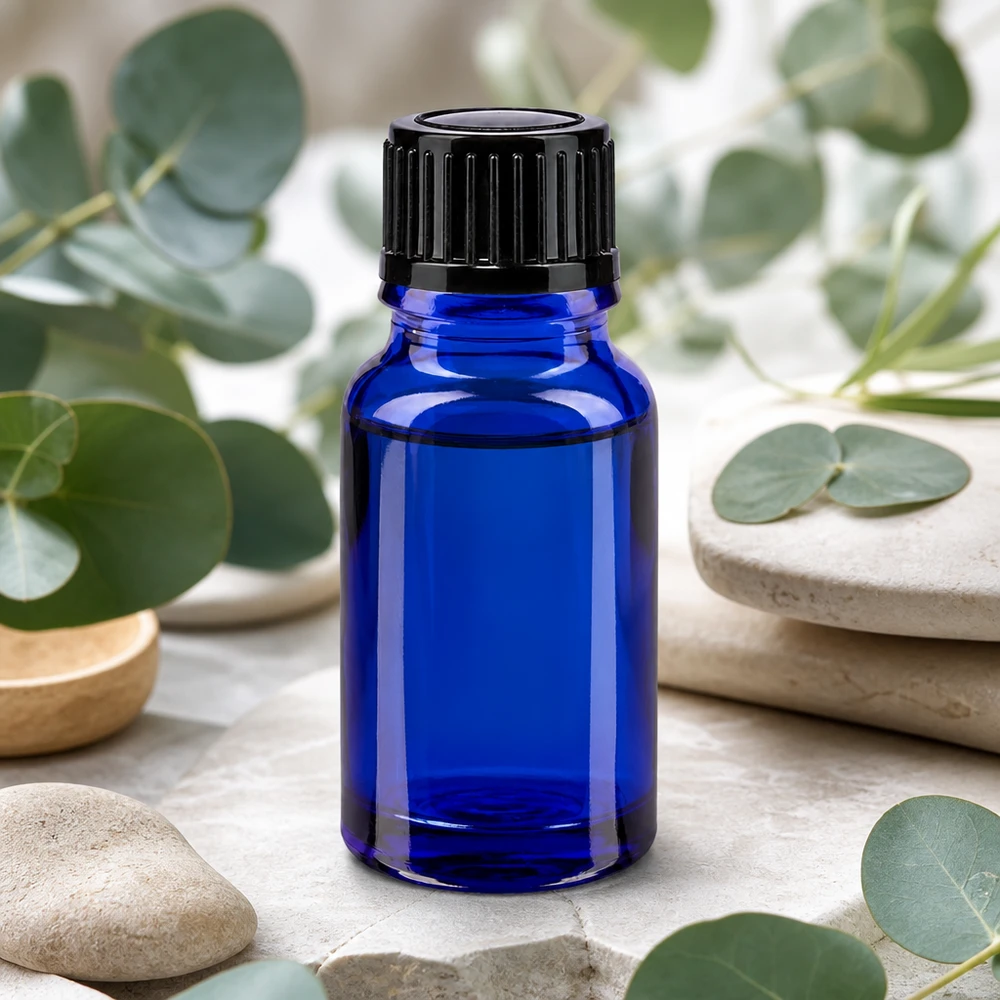 Frasco conta-gotas ApoGlas de 10 ml, azul cobalto, com tampa de rosca preta para aromaterapia