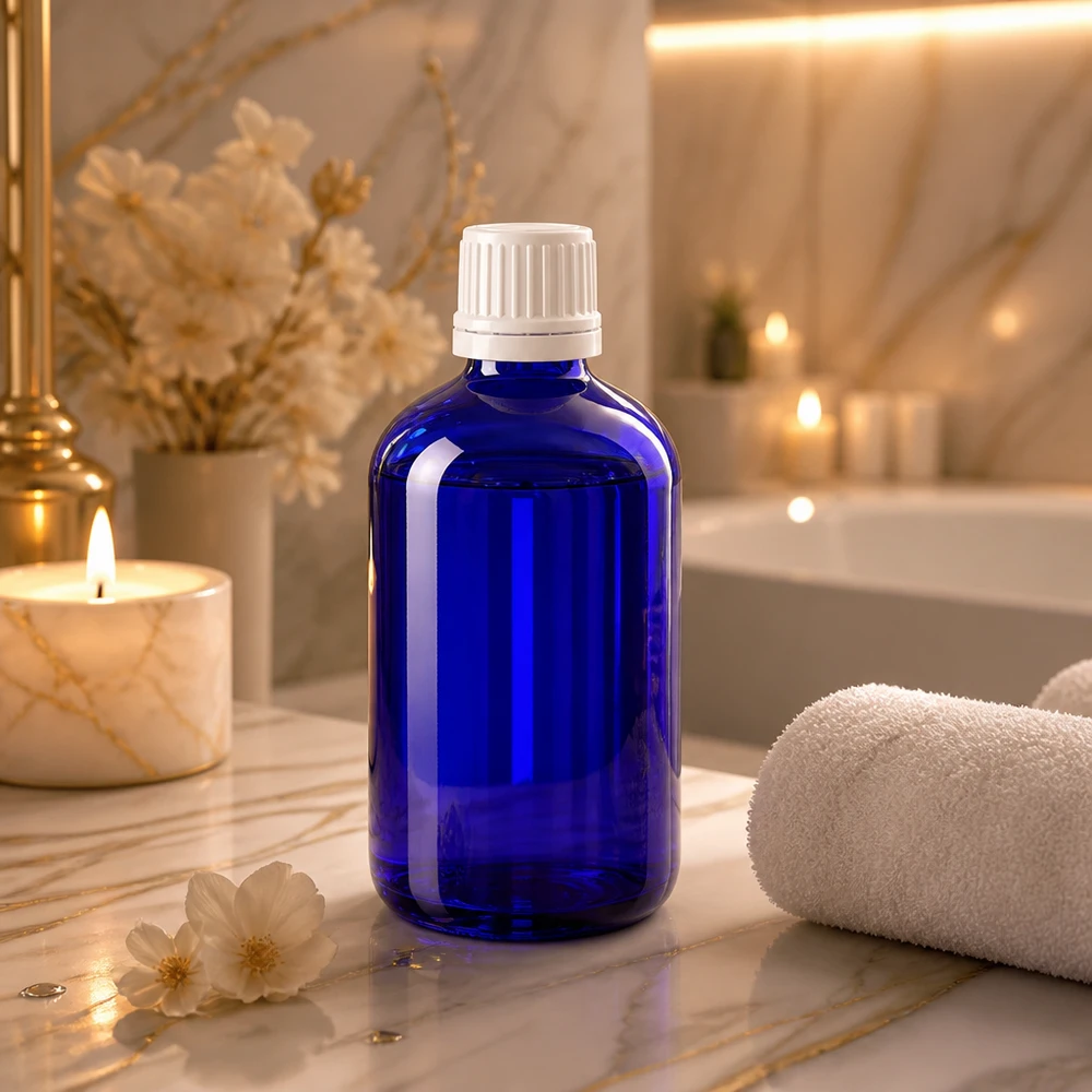 Frasco de vidro azul cobalto de 100 ml com tampa OV branca de 11 mm sobre mármore, ao lado de velas e de uma toalha