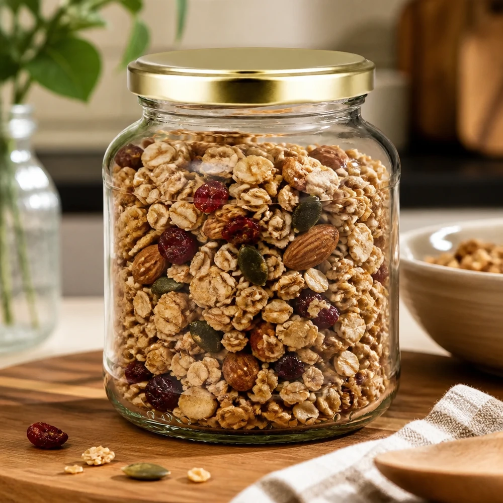 370ml Ovalglas mit BasicSeal Deckel gold UNiTWIST Frasco oval de 370 ml com tampa dourada BasicSeal cheio de mistura de frutos secos e nozes - Frasco de armazenamento UNiTWIST para muesli