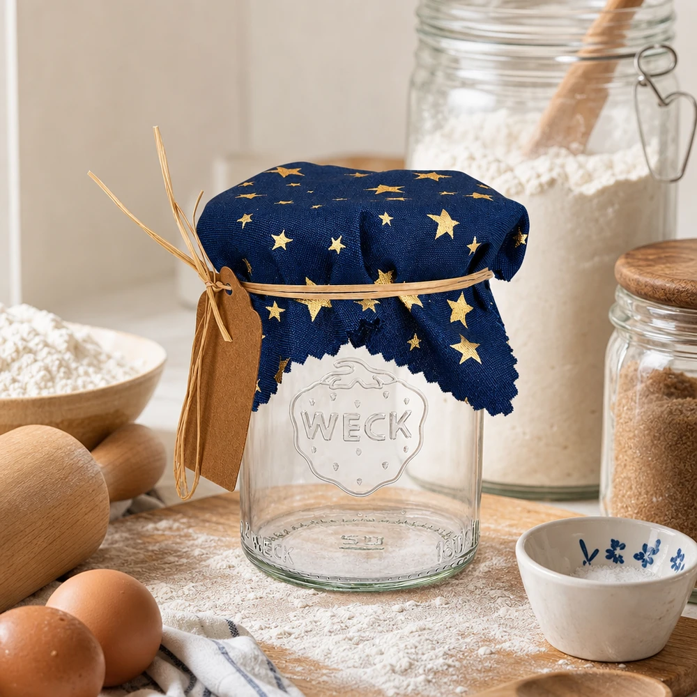 Pano de estrela azul de 12 cm sobre um frasco de conserva vazio numa cozinha rústica com ovos, farinha e ingredientes para cozinhar
