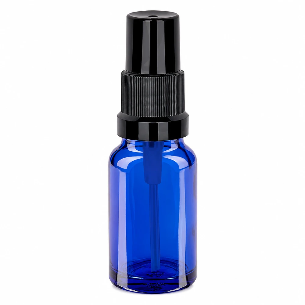 Frasco spray de 10ml preto com tampa standard BlueLine UT18/10 Frasco de spray de 10 ml azul com cabeça de spray preta STD BlueLine UT18/10 para cosméticos e aromaterapia