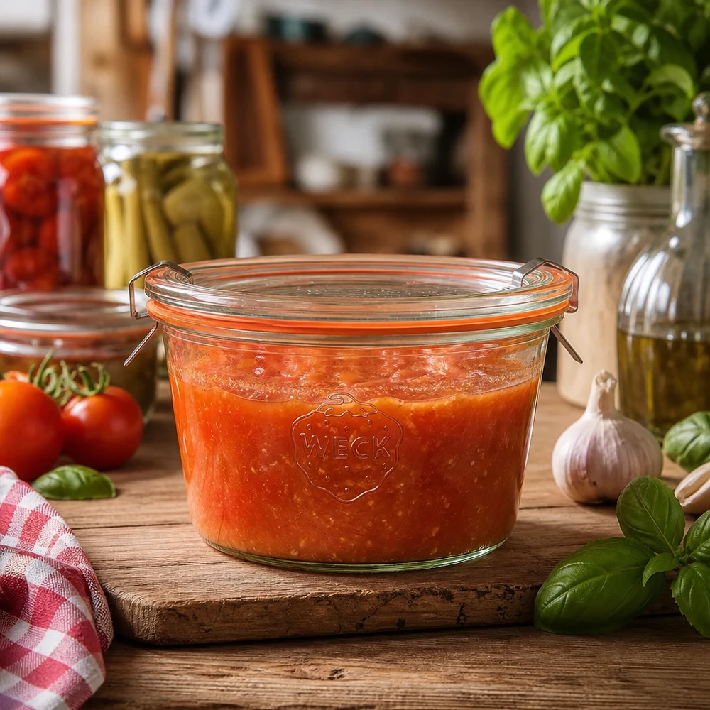 370ml Sturzglas komplett WECK RR100 Os copos WECK RR100 de 370 ml numa cozinha rústica, cheios de molho de tomate, mostram uma utilização prática para conservar