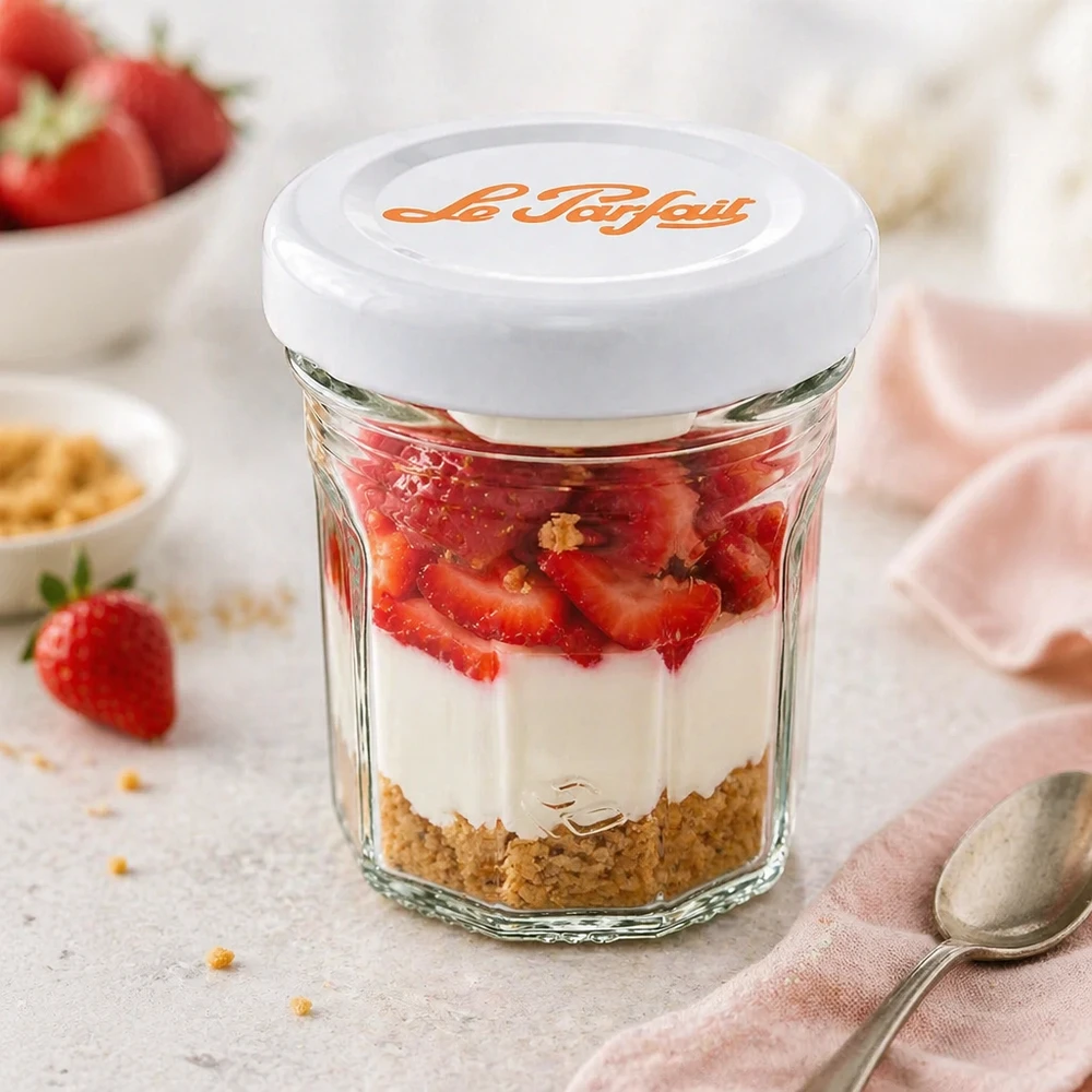 Mini copos Le Parfait 44ml como copo de sobremesa com morangos, natas e base de biscoito - utilização versátil