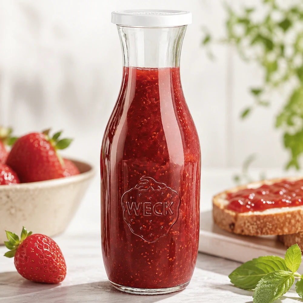 Garrafa para sumo de 1062 ml com tampa de conservação WECK RR60 Garrafa de vidro WECK 1062ml cheia de compota de morango ao lado de morangos frescos e pão com manteiga