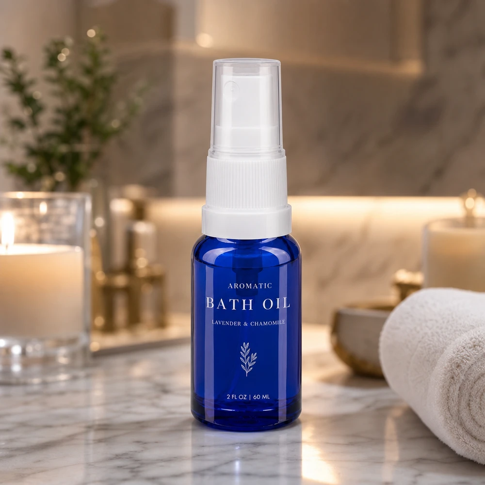 Frasco de spray azul de 10 ml com pulverizador de bomba para óleos essenciais e produtos de aromaterapia