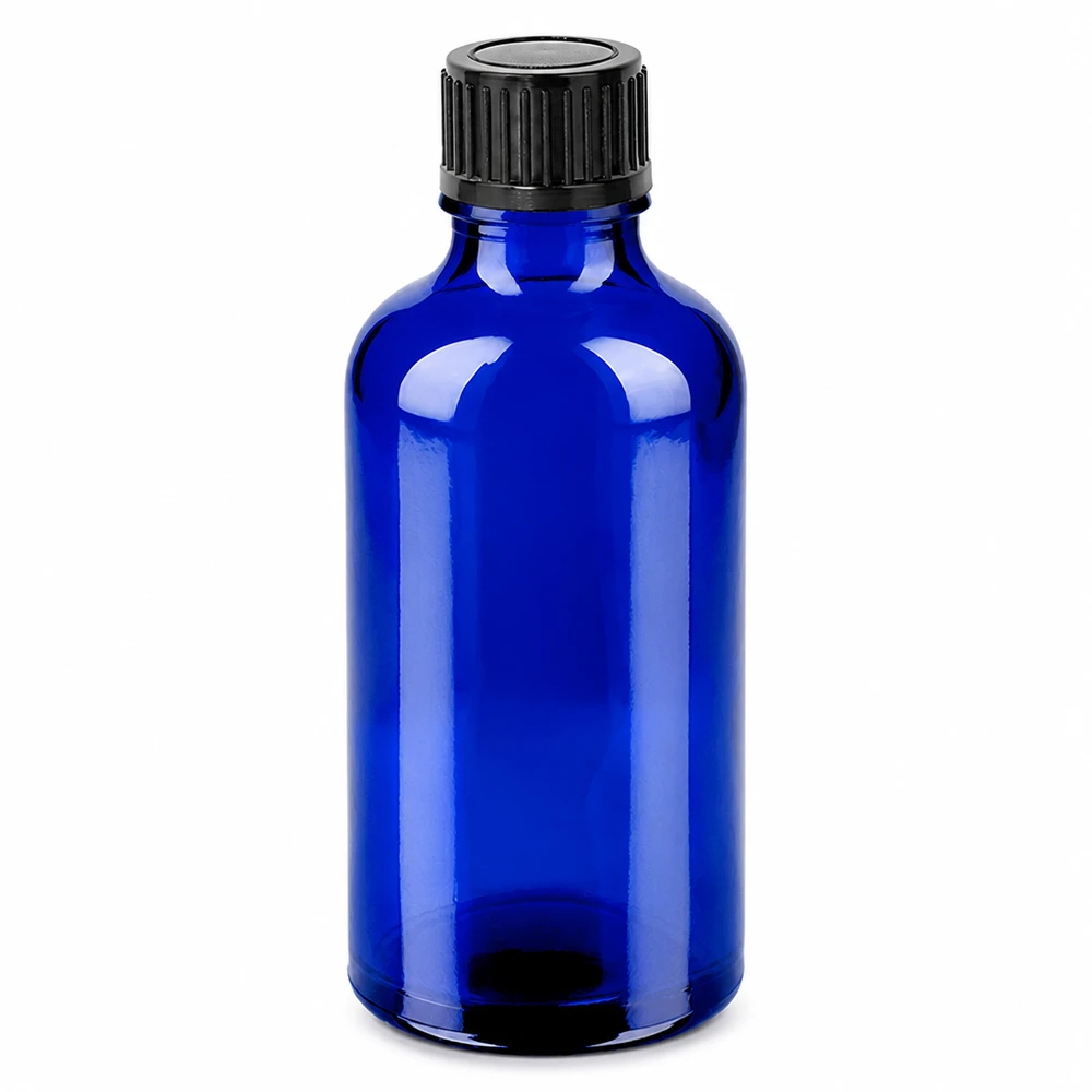 Frasco de vidro azul de 50 ml com tampa preta para óleos essenciais e cosméticos