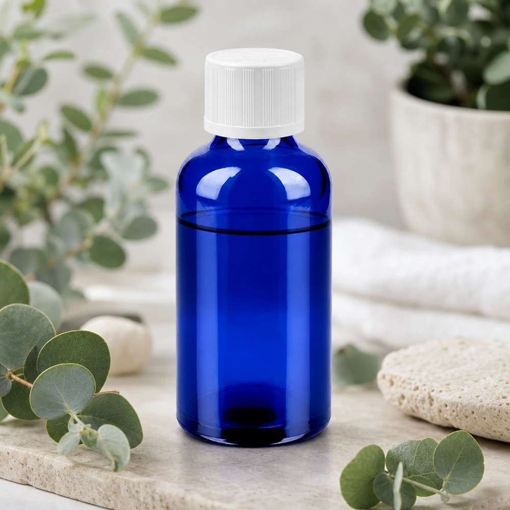 Frasco de 50ml 11mm tampa de rosca branca padrão resistente a crianças BlueLine UT18/50 Frasco de vidro BlueLine UT18/50 de 50 ml de alta qualidade com tampa de segurança para crianças para uma conservação segura