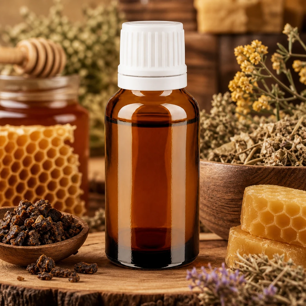 Frasco de farmácia castanho 20ml tampa de rosca branca tampa inviolável Frasco de vidro castanho de 20 ml com tampa conta-gotas branca, envolto em cera de abelha, mel e ervas