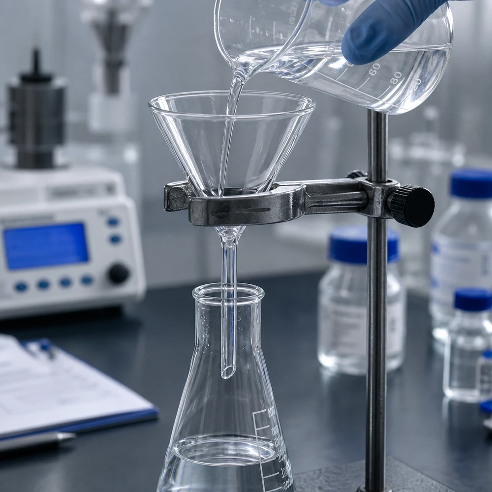 Funil de laboratório em vidro de cal e soda, com ângulo de 60 graus e 80 mm de diâmetro, para uma filtração precisa