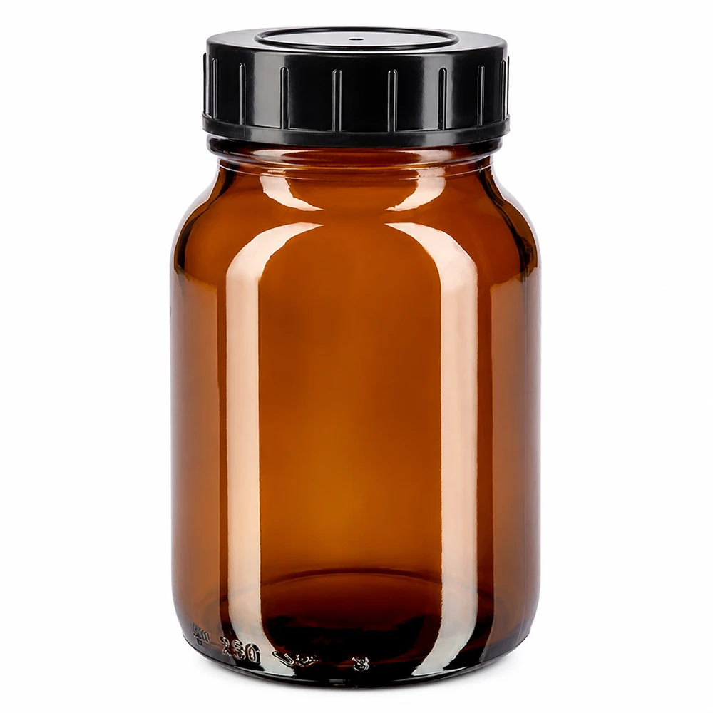 250ml Weithalsflasche Braunglas mit Schraubdeckel Frasco de vidro âmbar de gargalo largo de 250 ml com tampa de rosca preta para uma conservação segura