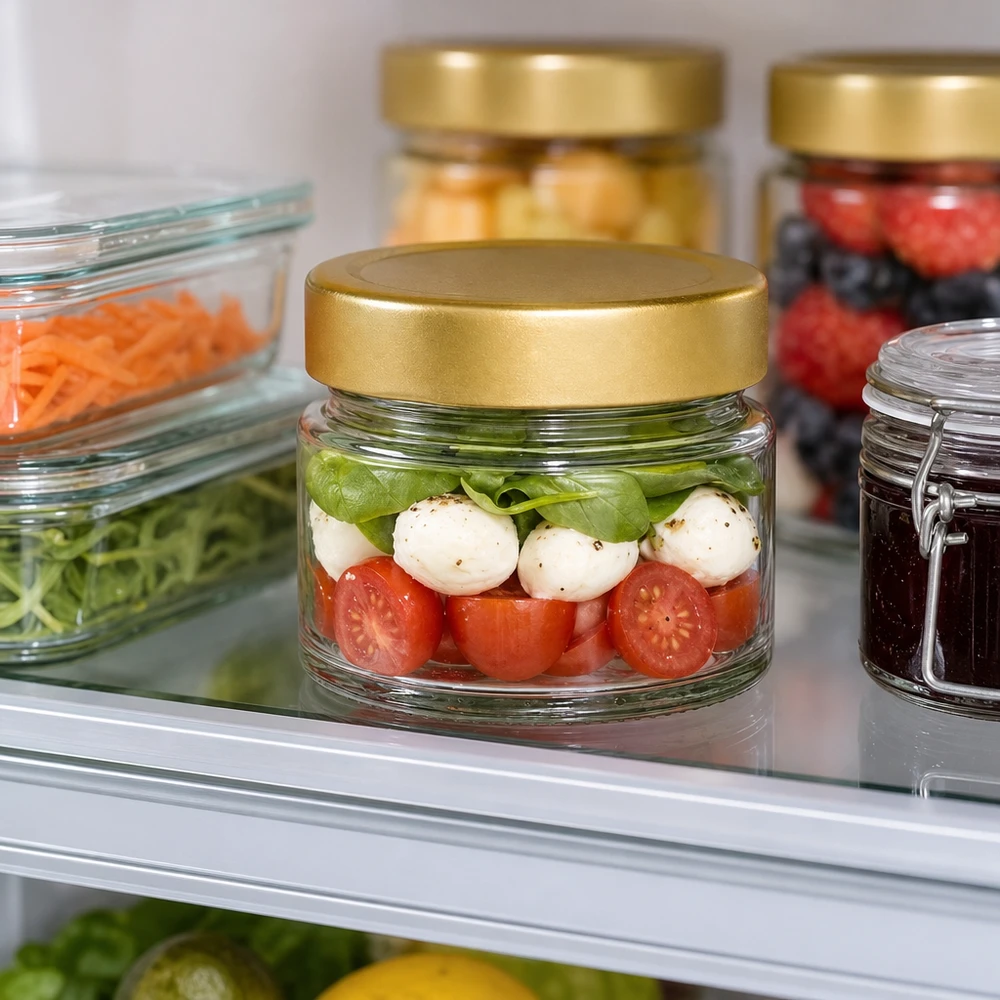 Frasco de vidro redondo de 80ml com tampa BasicSeal dourada profunda UNiTWIST Caprese-Salat im 80ml Rundglas mit goldenem Deckel im Kühlschrank - praktische Aufbewahrung für Meal Prep