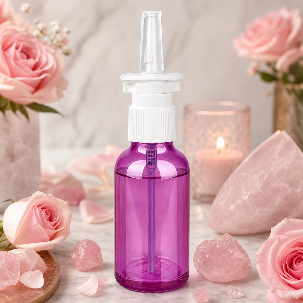 Frasco de spray nasal de 30ml branco/transparente padrão PurpleLine. UT18/30 Frasco de spray nasal de 30 ml de alta qualidade com rosca STD UT18 num elegante design roxo para uso profissional