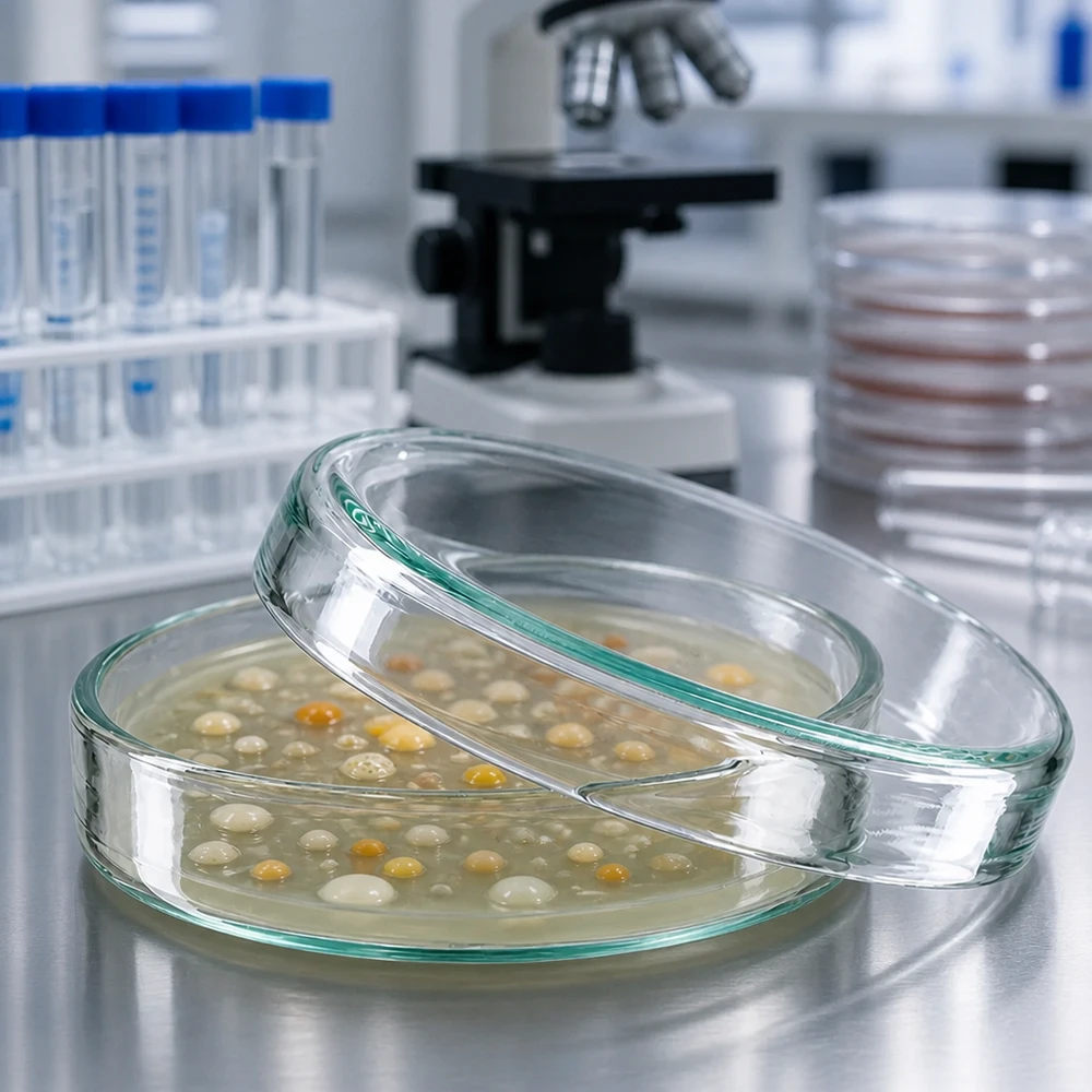 Placas de Petri de vidro abertas, com 60 x 15 mm, com culturas bacterianas em ágar, no laboratório
