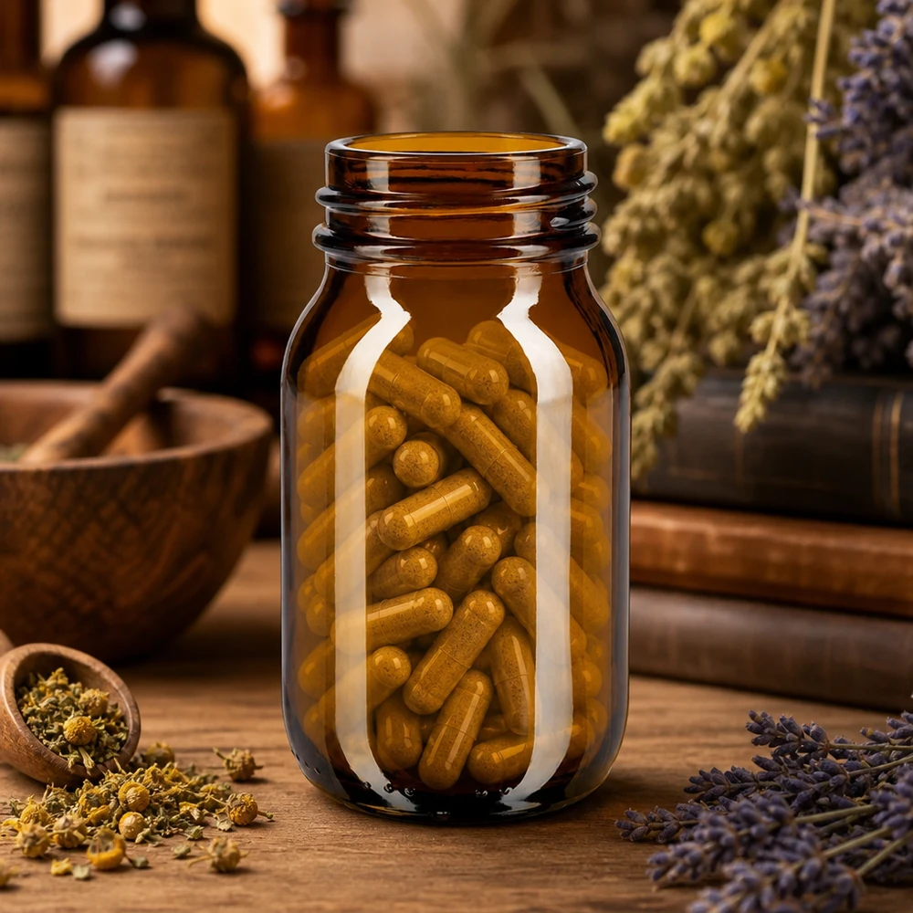 Garrafa de 100ml com gargalo largo em vidro âmbar Amber Glasflasche 100ml Weithal für lichtempfindliche Substanzen und Kräuter