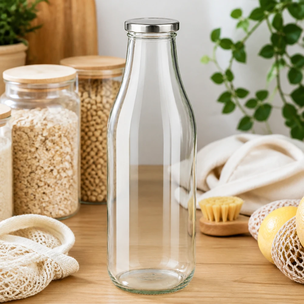 Frasco de vidro de 1000 ml + tampa BasicSeal prateada UNiTWIST Garrafa de vidro prateado BasicSeal de 1000 ml numa mesa de madeira com acessórios de cozinha sustentáveis e plantas Estilo de vida sem desperdício