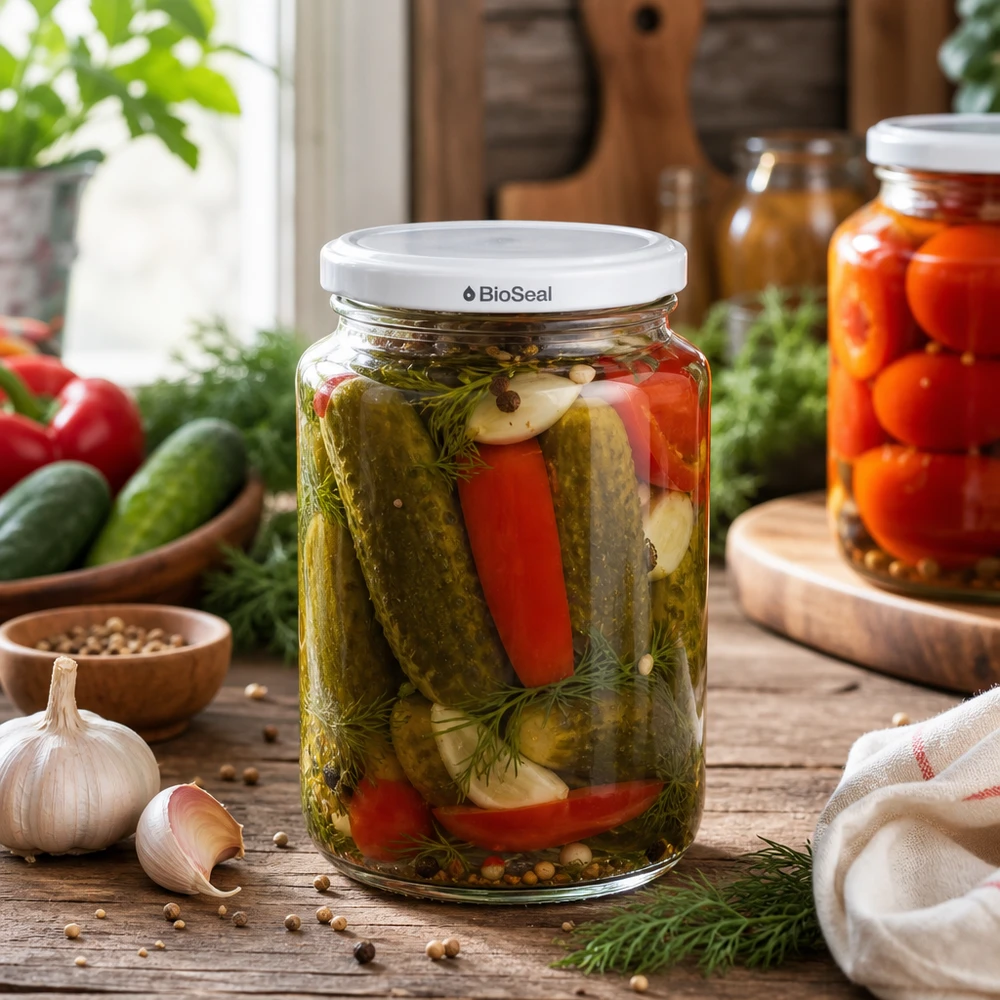 UNiTWIST Runda382 com tampa TO66 BioSeal branca UNiTWIST Runda382 Einmachglas in rustikaler Küchenszene - Mixed Pickles mit Dill und Paprika in BioSeal Glas