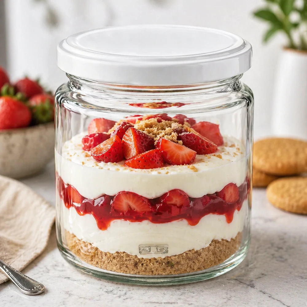 Frasco de mel de 250 ml como frasco de sobremesa para tiramisu de morango com tampa BasicSeal, utilização versátil na cozinha
