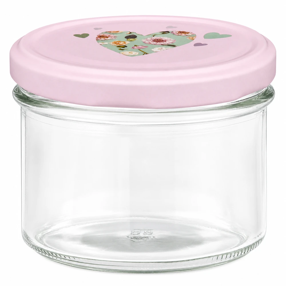 Frasco de vidro de 225 ml com tampa BasicSeal cor-de-rosa e motivo de coração para frascos de compota e conserva