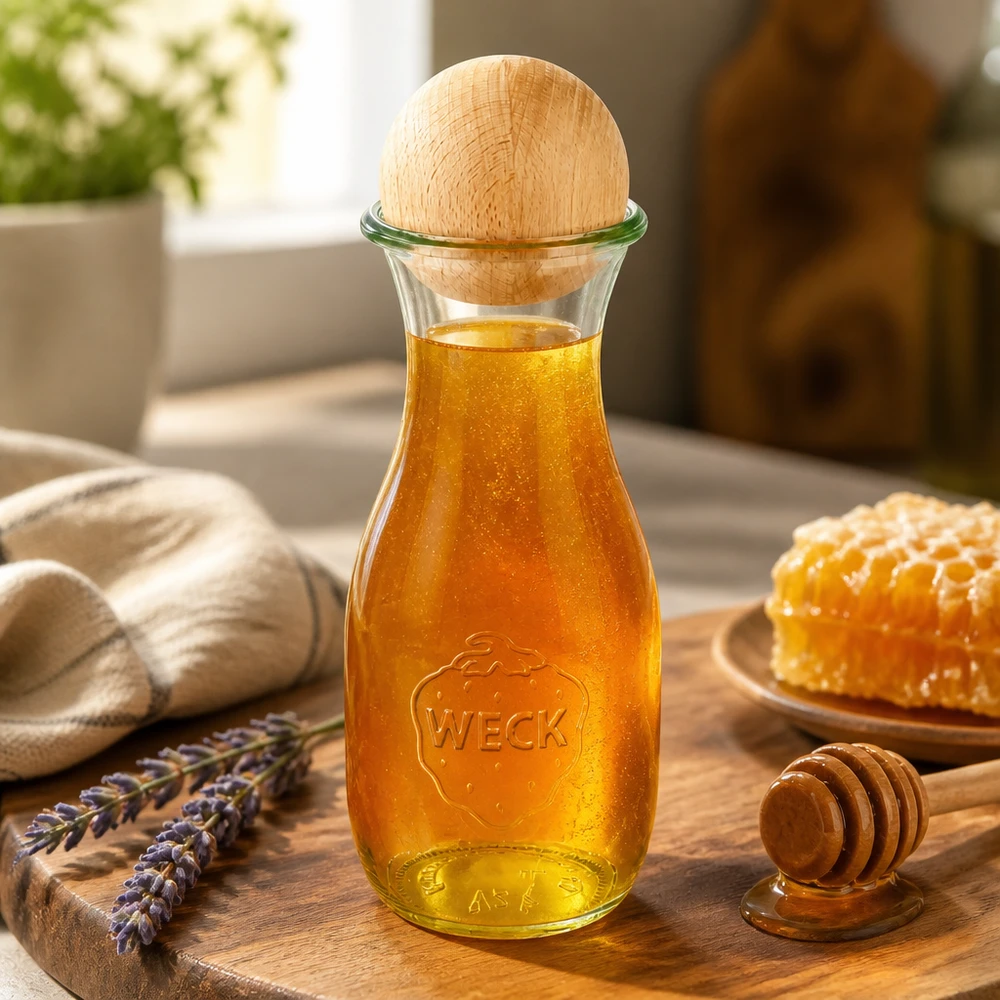 Garrafa de vidro WECK de 530 ml cheia de mel e bola de madeira de faia sobre tábua de madeira decorada com favo de mel e lavanda