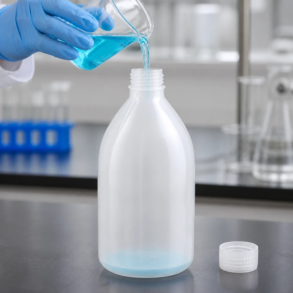 Frasco de laboratório de 1000 ml com gargalo estreito e sem tampa Um frasco de laboratório de HDPE de gargalo estreito, com 1000 ml, é enchido com um líquido azul proveniente de um copo de vidro