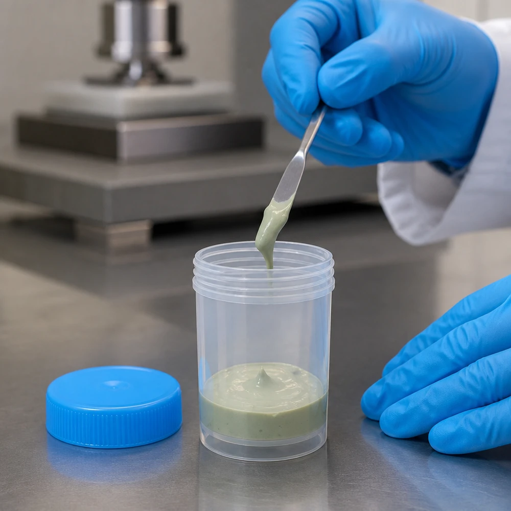 A substância verde e cremosa é colocada com uma espátula de metal numa embalagem de plástico transparente de 20 ml