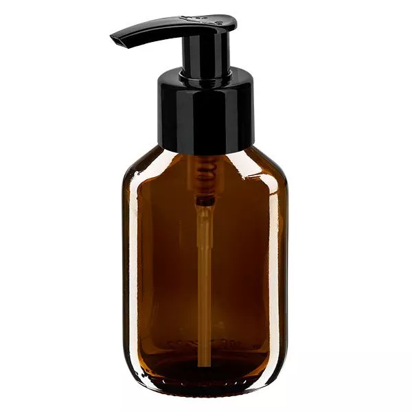 Frasco de medicamento de 100ml castanho, com bomba dispensadora preta ApoGlas Frasco de medicamento de 100ml castanho, com bomba dispensadora preta ApoGlas