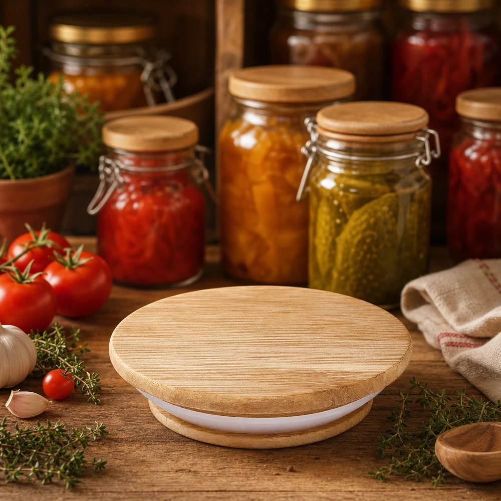 Tampa de madeira (faia) sem impressão para WECK RR80 Tampa de madeira WECK RR80 numa cozinha rústica com frascos de conserva de tomates, pepinos e ervas aromáticas frescas.