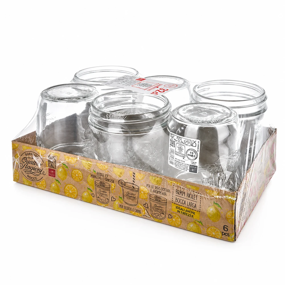 Conjunto de 6 copos Quattro Stagioni 320ml com tampa de rosca em embalagem de venda para conservação e enlatamento