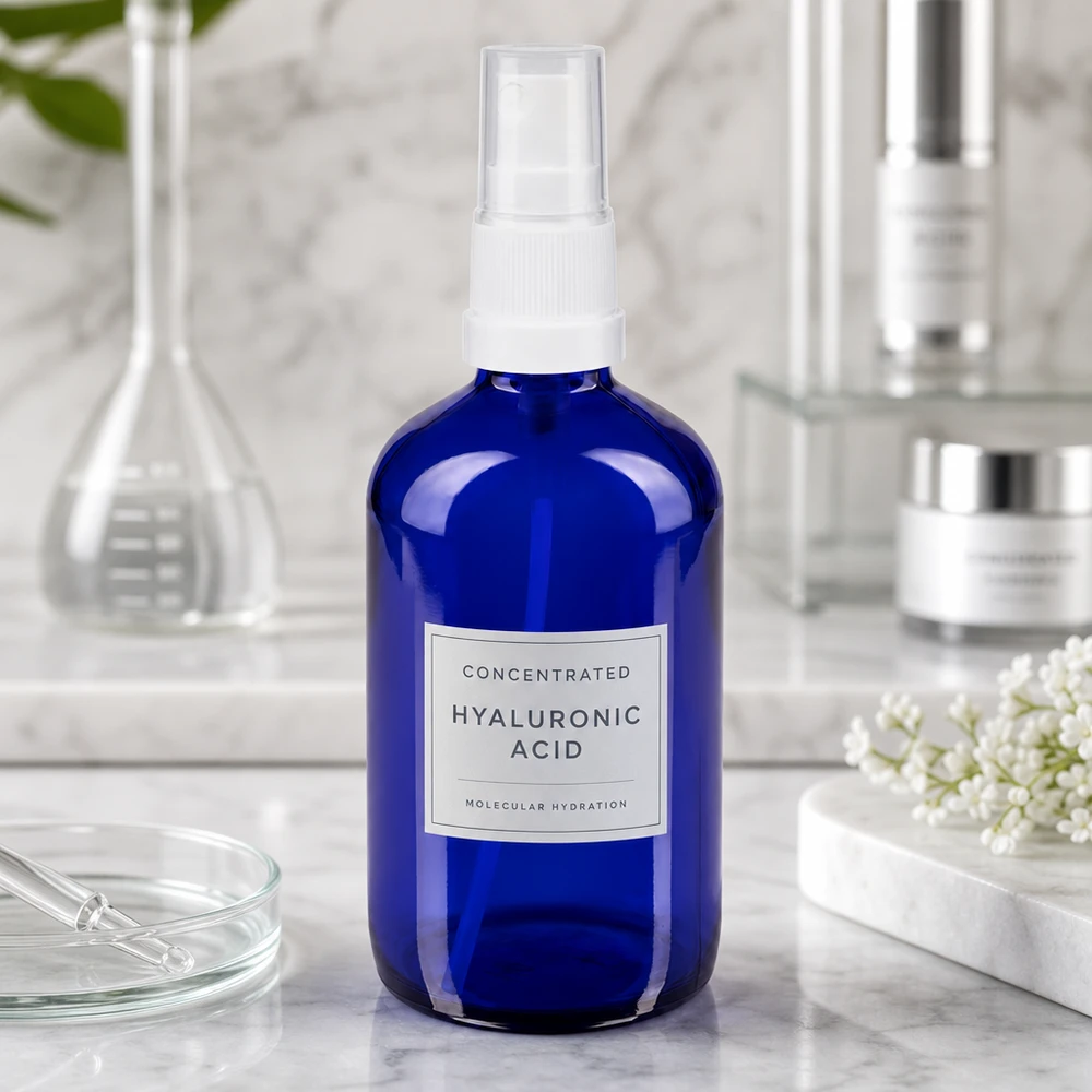 Frasco de farmácia azul 100ml spray anexo branco Frasco spray STD azul de 100 ml com bico de pressão branco, cheio de sérum de ácido hialurónico sobre fundo de mármore