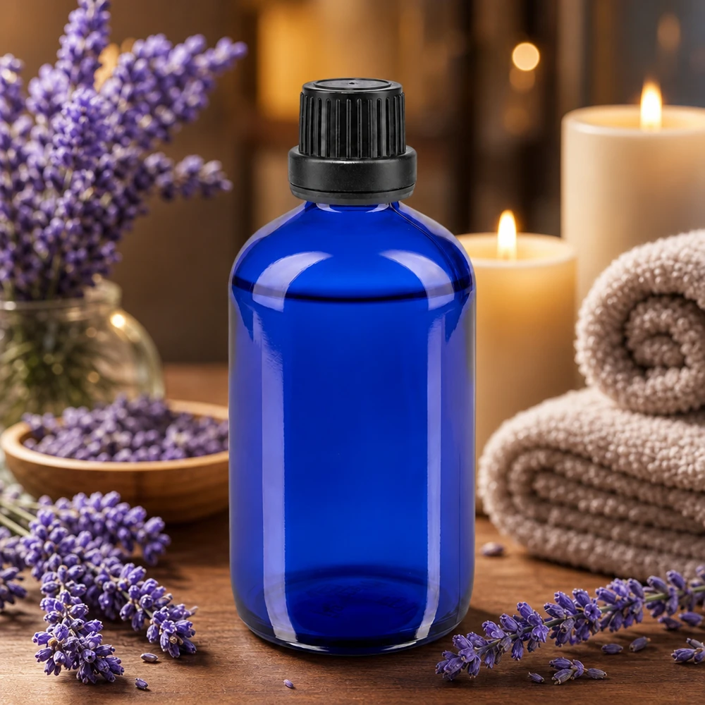 Frasco de vidro azul de 100 ml com tampa de segurança preta para óleos essenciais